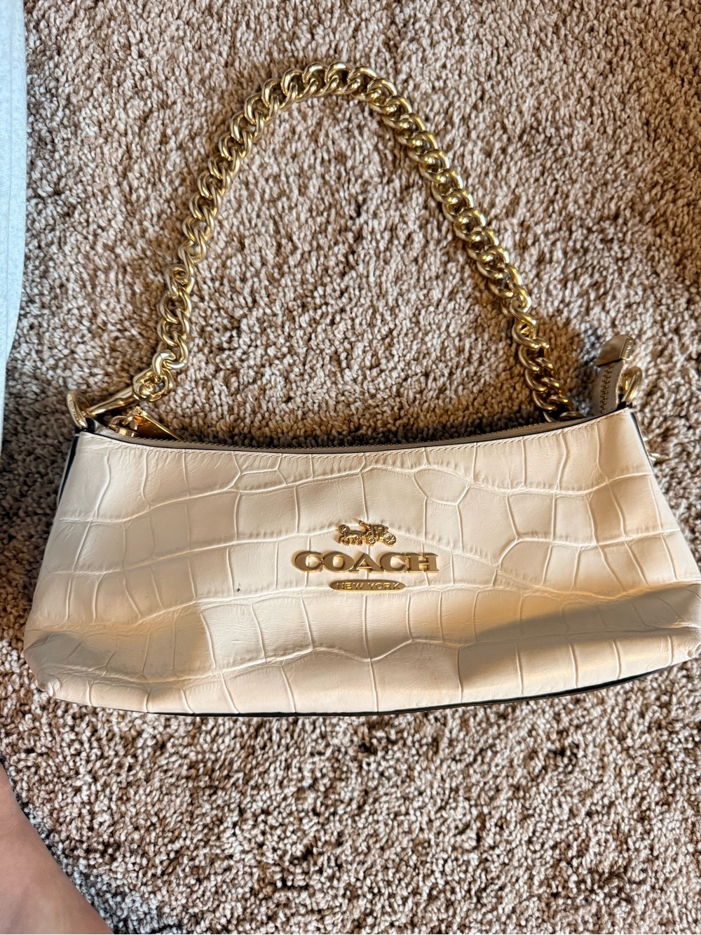 Coach Croc-Embossed Cream Shoulder Bag with Gold Chain